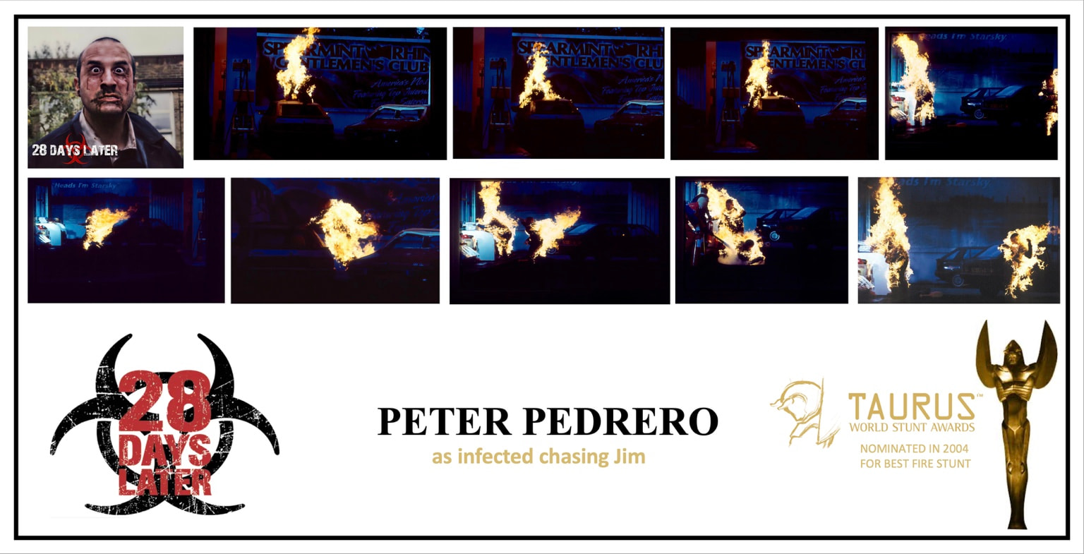 Peter Pedrero as an infected chasing Jim during the Taurus-nominated fire stunt in 28 Days Later — 28 Days Later