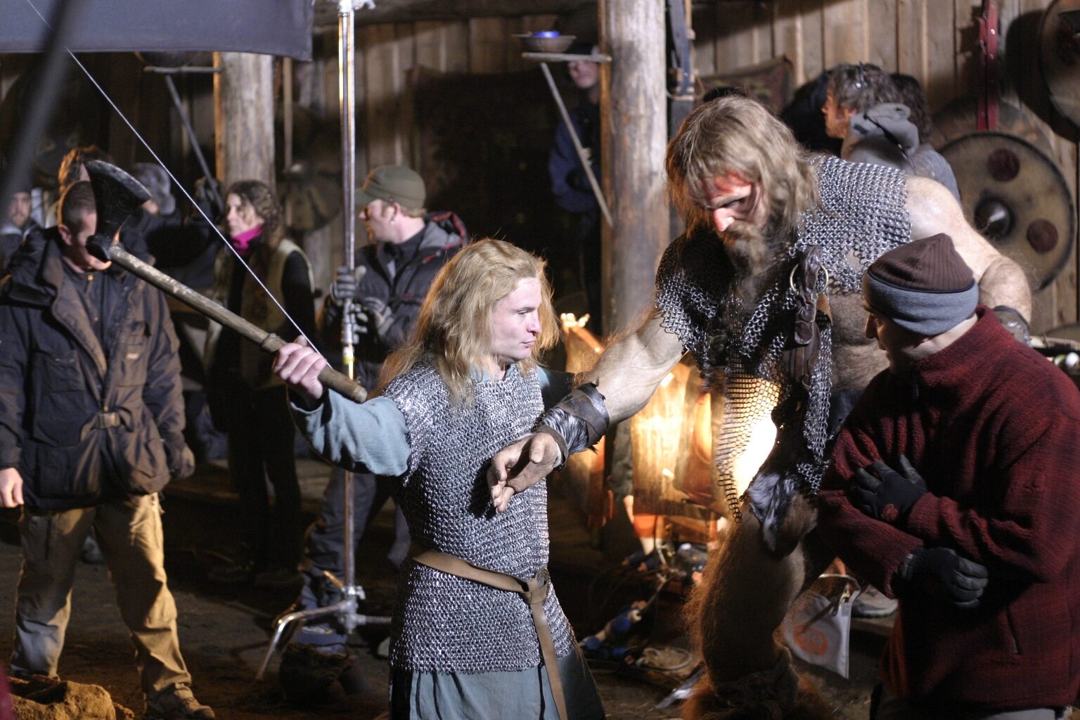 Peter Pedrero working with a performer in Viking costume and makeup — Beowulf & Grendel