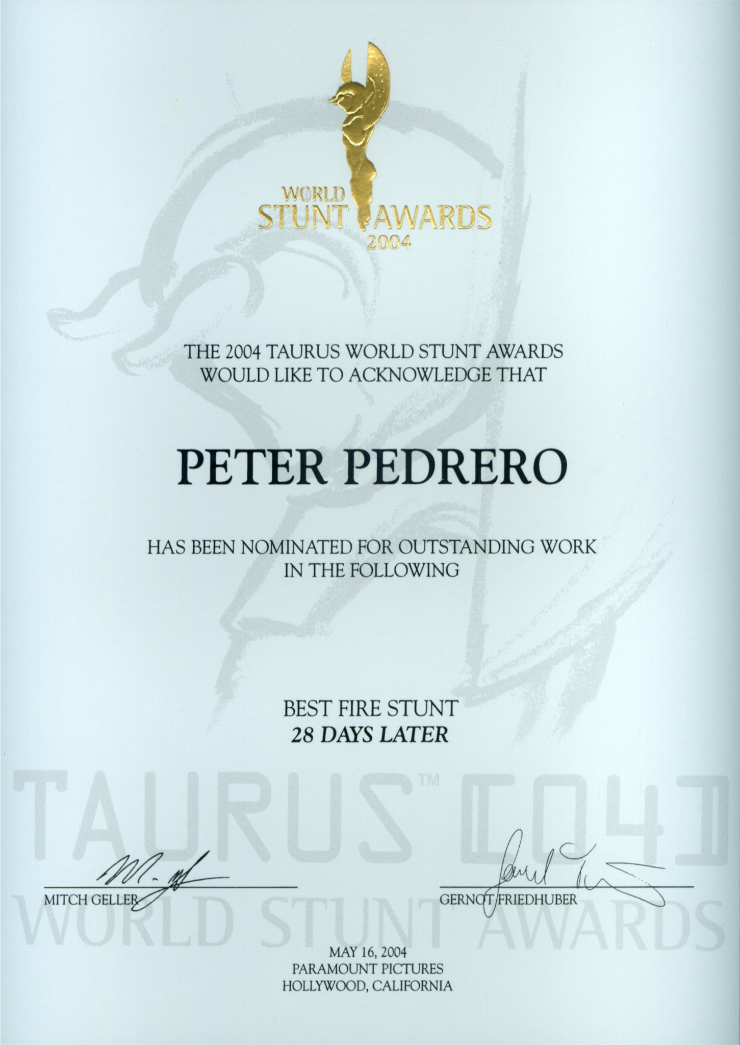Peter Pedrero’s 28 Days Later certificate