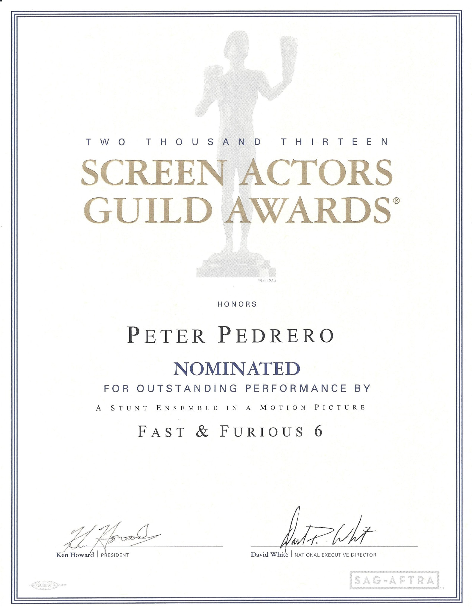 Peter Pedrero’s Fast & Furious 6 certificate