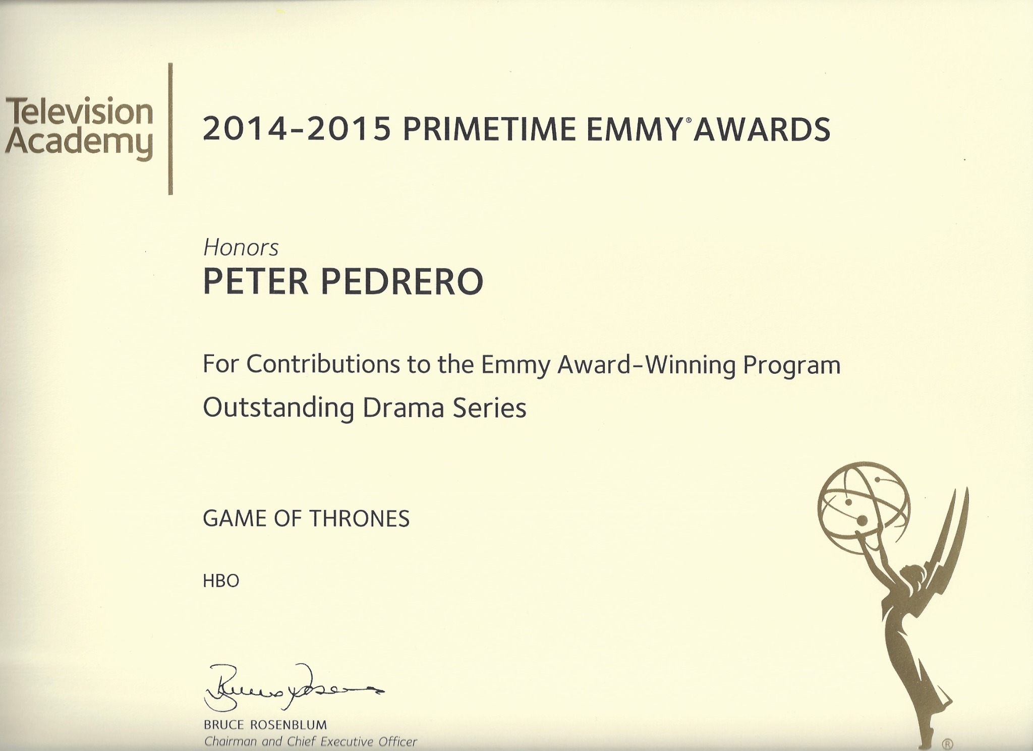 Peter Pedrero’s Game of Thrones certificate