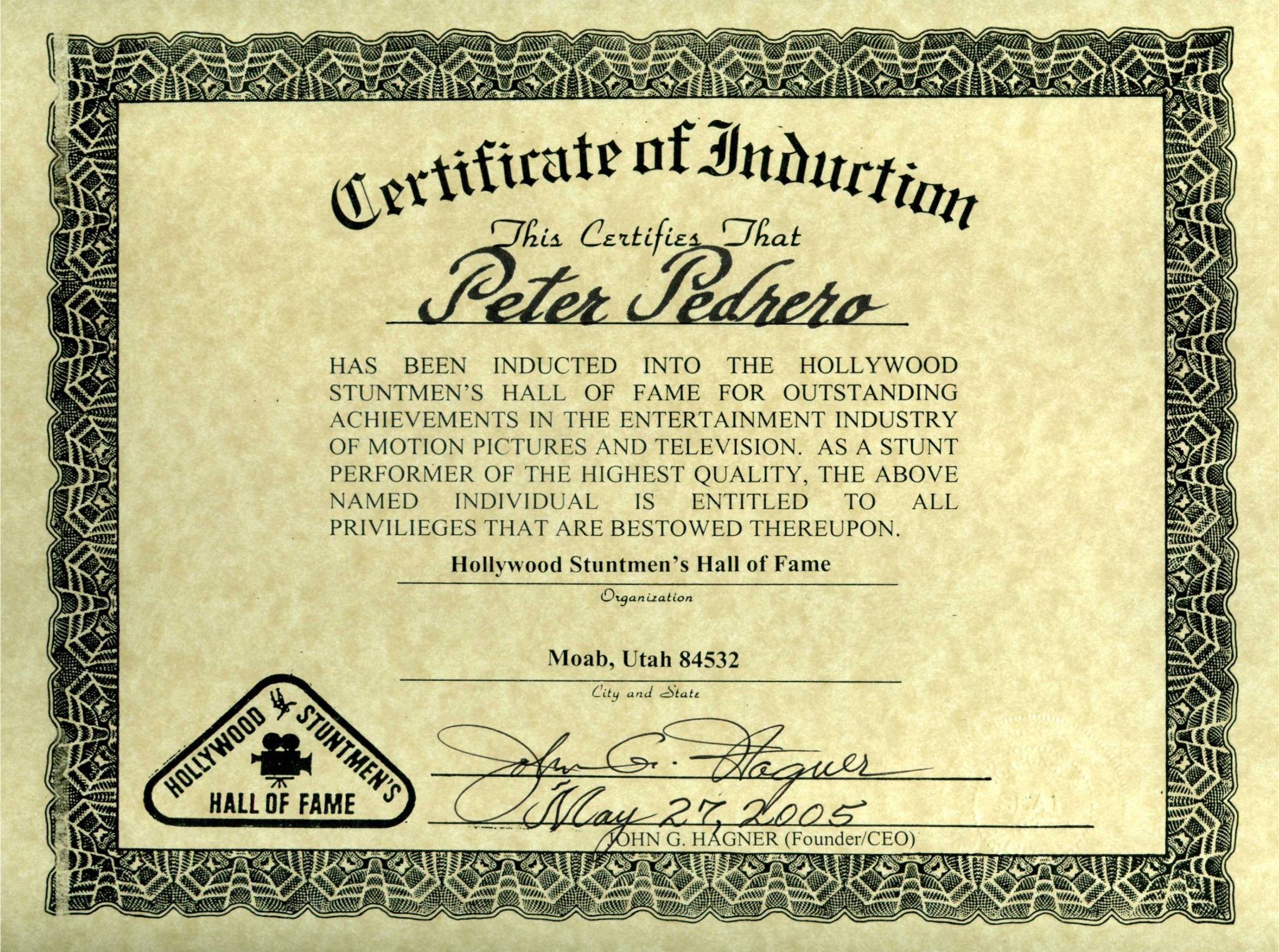 Peter Pedrero’s Hollywood Stuntmen’s Hall of Fame certificate