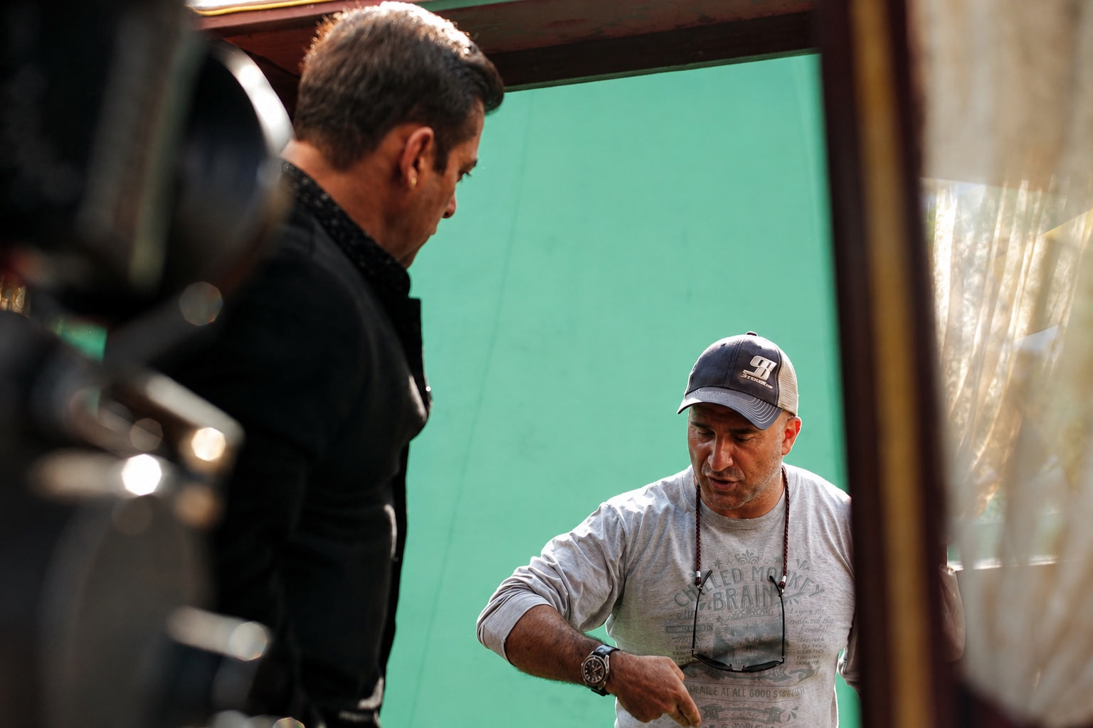 Action rehearsal beside a green screen