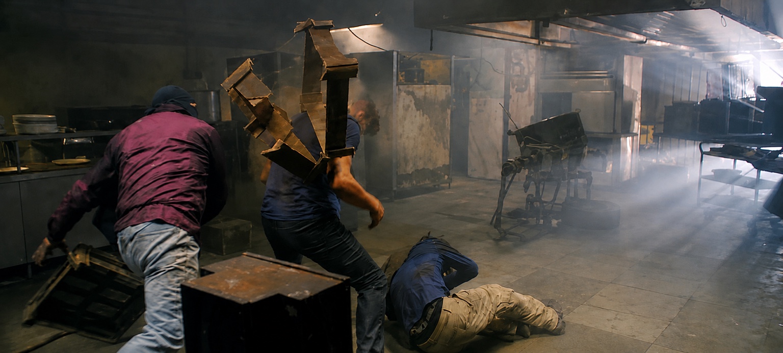 Practical Bollywood action sequence on an industrial kitchen set
