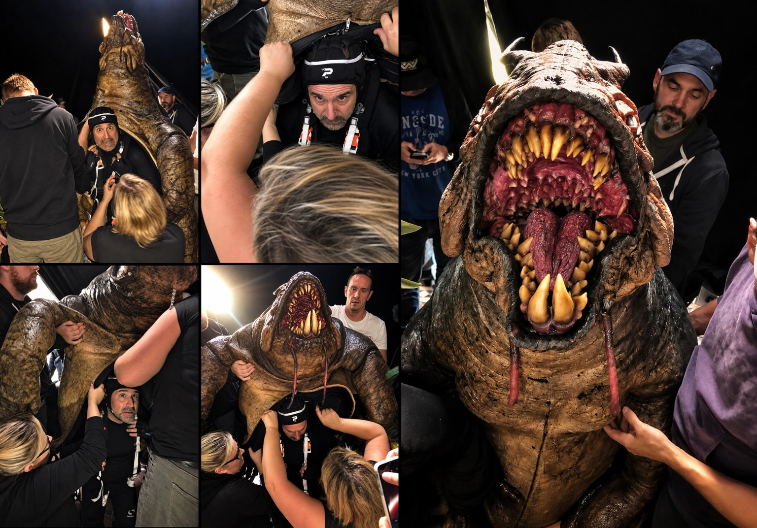 Peter Pedrero being fitted into a creature costume and animatronic head — Slaughterhouse Rulez