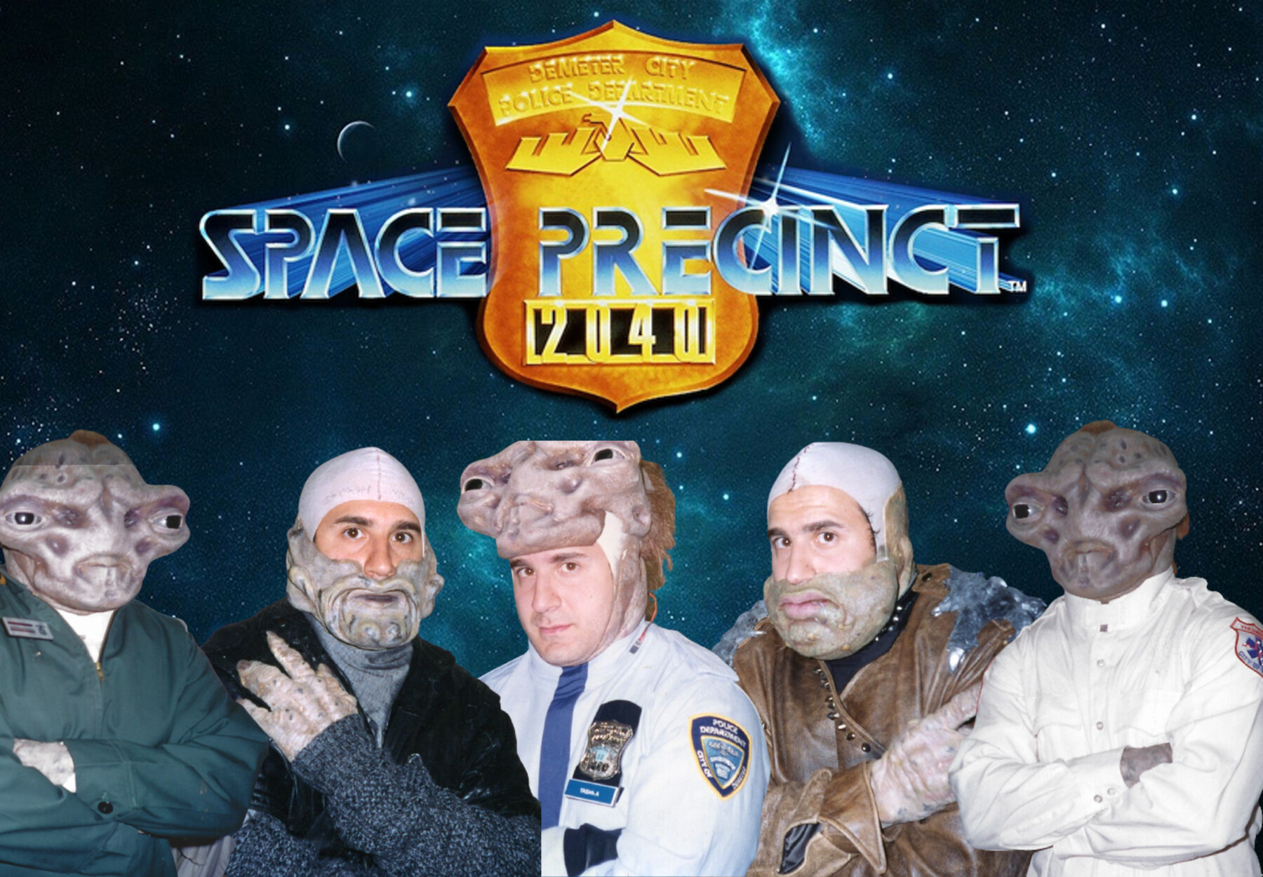 Peter Pedrero and fellow performers in character makeup for Space Precinct — Space Precinct