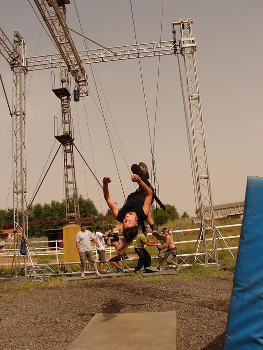 A wire-assisted stunt rehearsal on location — Captain Trueno and the Holy Grail
