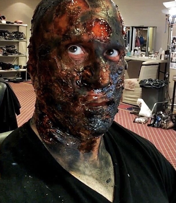 Peter Pedrero in extensive burn-effect prosthetic makeup — Final Score