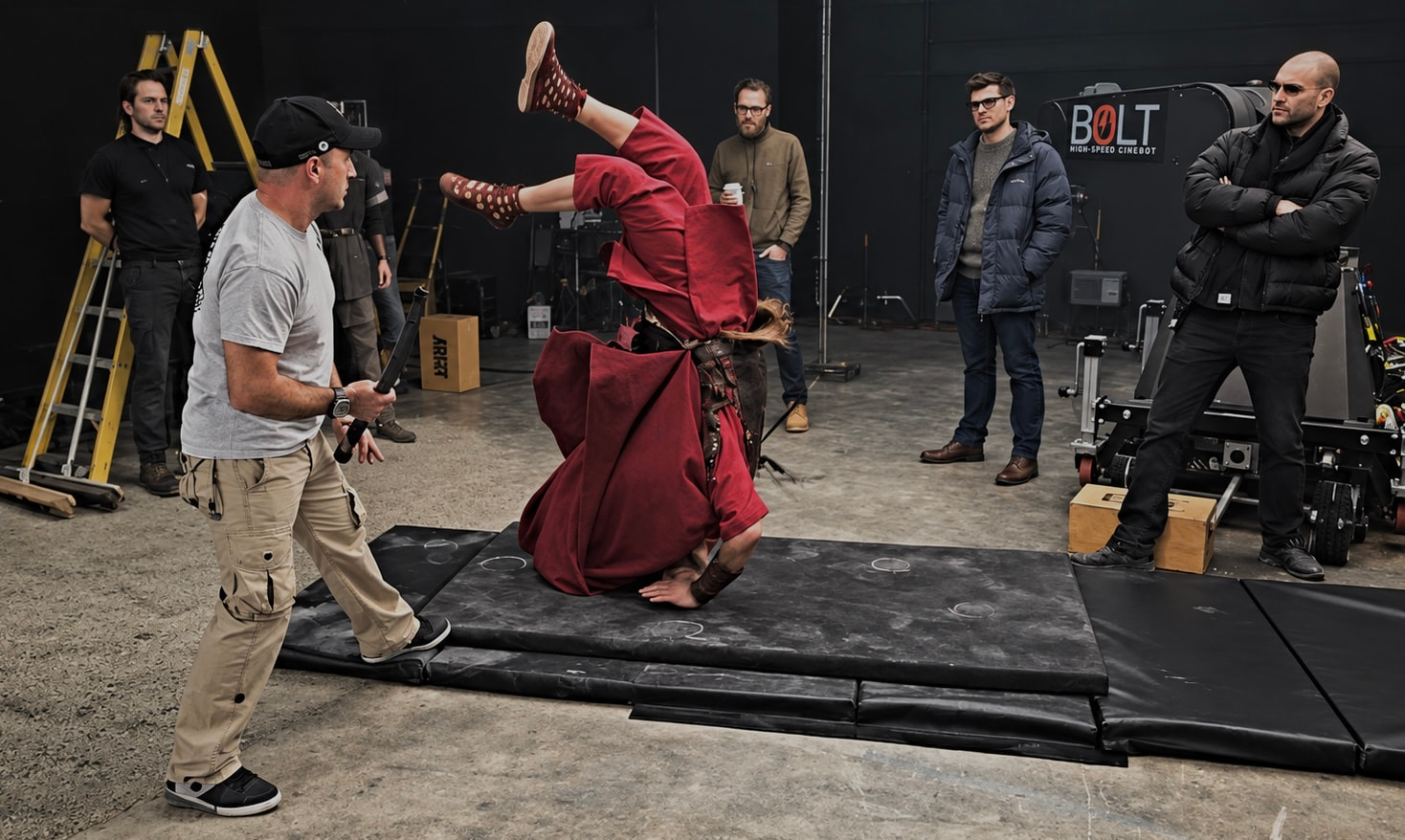 Peter Pedrero directing an action rehearsal with performers and the camera crew