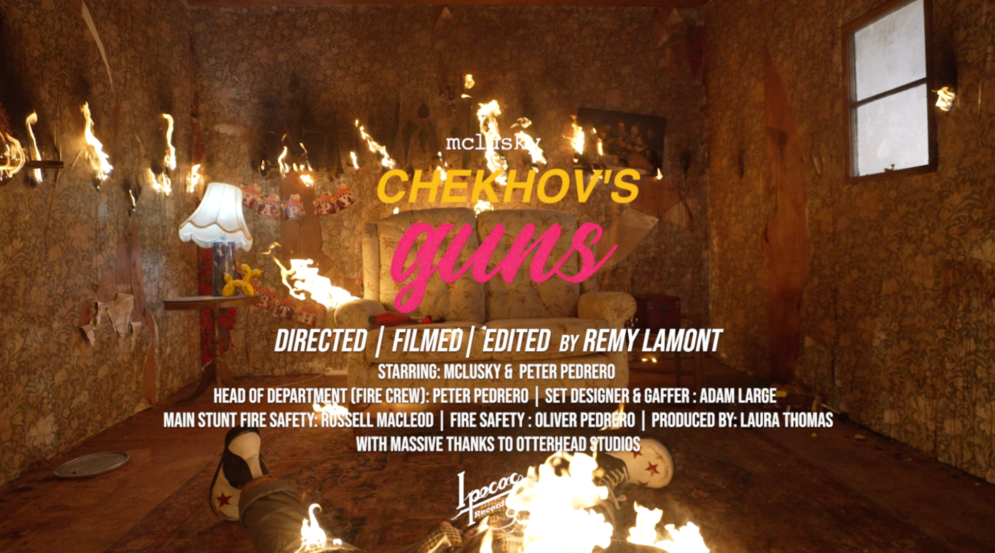 Chekhov's Guns music video title card showing Peter Pedrero's starring and fire crew credits